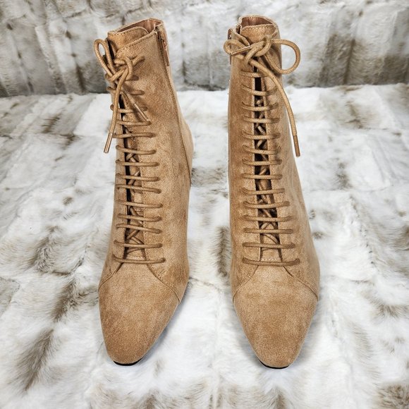 ☆ Adorable Nude Suede 2" Gold Chunky Heel Ankle Bootie - Picture 6 of 7